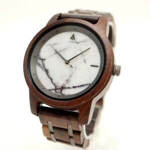 TreeHut Mens 43mm Wooden Watch Faux Marble Dial Wood Bracelet w New Battery